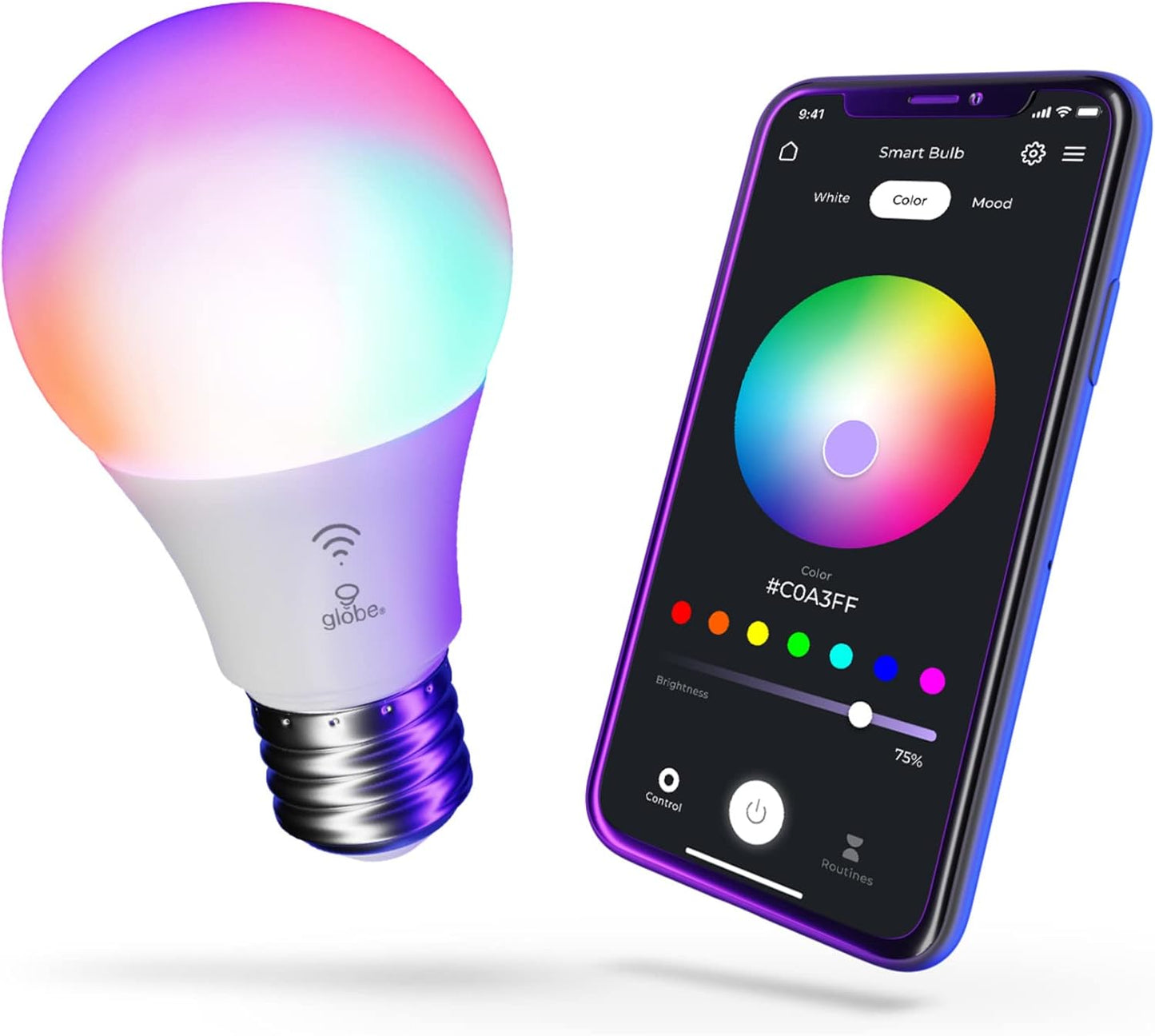 GLOBE Electric Wi-Fi Smart 10 Watt (60W Equivalent) Multicolor Changing RGB Tunable White Frosted LED Light Bulb, No Hub Required, Voice Activated, 2000K - 5000K, A19 Shape, E26 Base,34212