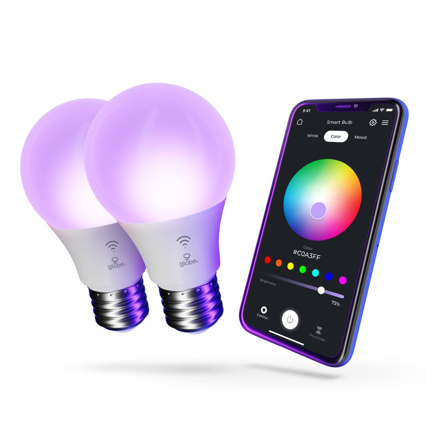 GLOBE Electric Wi-Fi Smart 10 Watt (60W Equivalent) Multicolor Changing RGB Tunable White Frosted LED Light Bulb, No Hub Required, Voice Activated, 2000K - 5000K, A19 Shape, E26 Base,34212