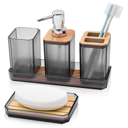 Bathroom Accessories Set 4 PCS, Grey Bathroom Accessories Includes Toothbrush Holder, Toothbrush Cup, Soap Dispenser & Dish, Soap and Toothbrush Holder Set for Bathroom Decor