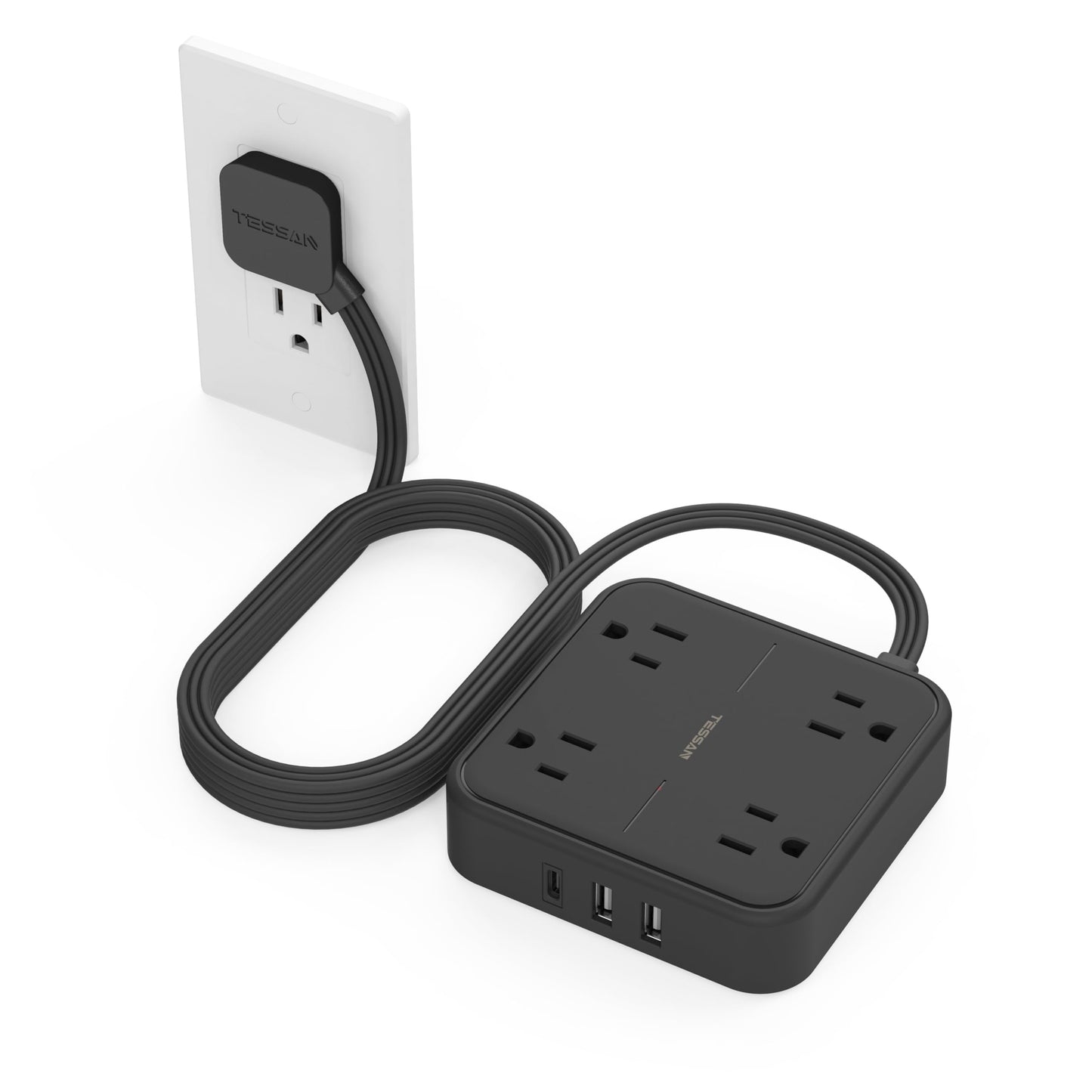 Surge Protector Flat Extension Cord 5Ft, TESSAN Flat Plug Power Strip with 4 Outlets 3 USB Ports (1 USB C), 900 Joules Protection, Multiple Wall Outlet Extender Suitable for Home Office Dorm, Grey