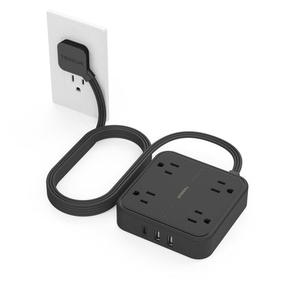 Surge Protector Flat Extension Cord 5Ft, TESSAN Flat Plug Power Strip with 4 Outlets 3 USB Ports (1 USB C), 900 Joules Protection, Multiple Wall Outlet Extender Suitable for Home Office Dorm, Grey
