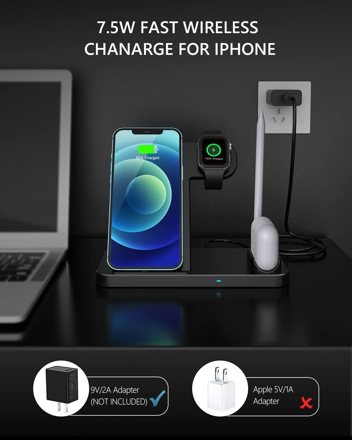 Wireless Charger, 4 in 1 Fast Wireless Charging Station Compatible with Apple Watch Airpods Pro iPhone 12/12 Pro/11/11 Pro/8/X, Wireless Charging Stand Compatible with Samsung