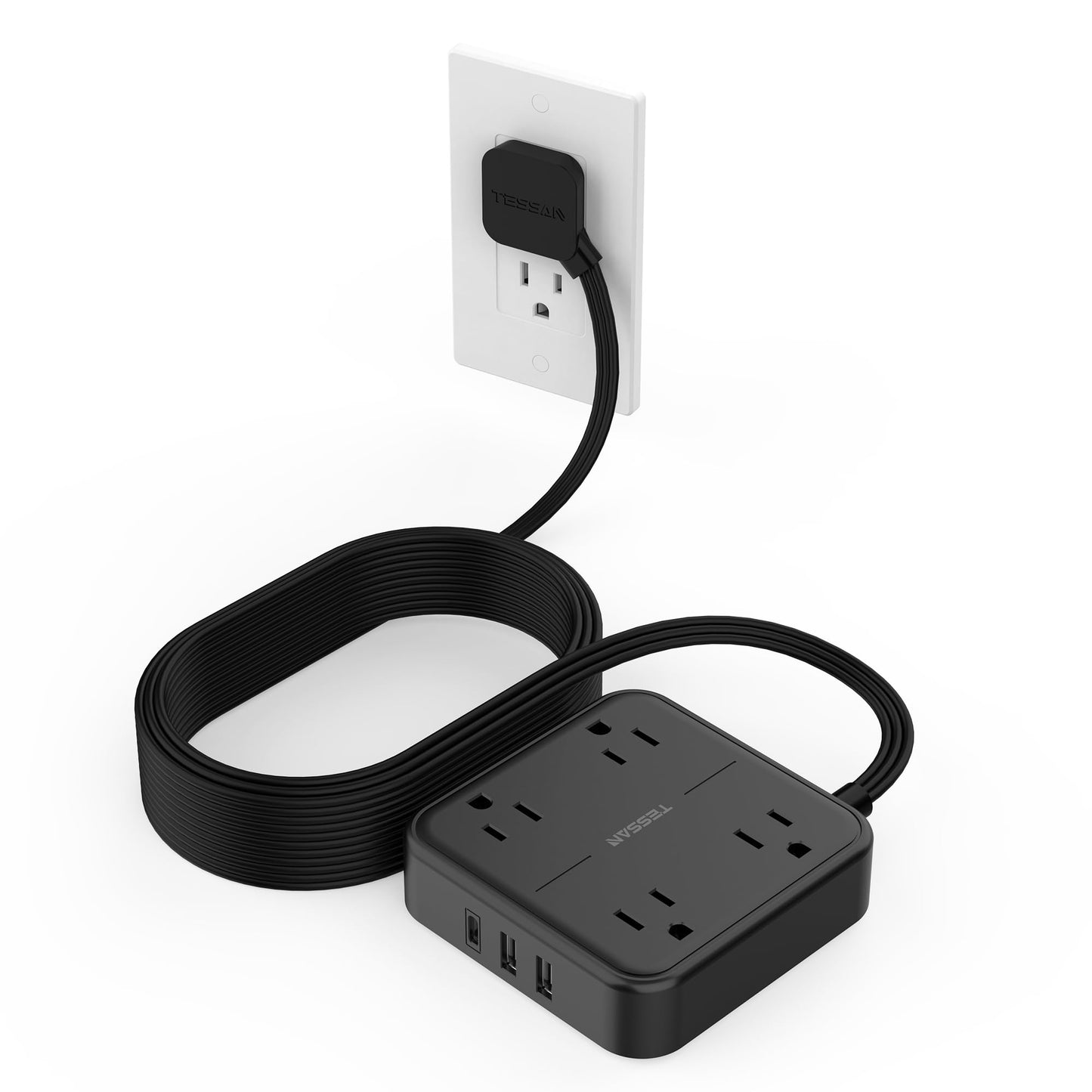 Surge Protector Flat Extension Cord 5Ft, TESSAN Flat Plug Power Strip with 4 Outlets 3 USB Ports (1 USB C), 900 Joules Protection, Multiple Wall Outlet Extender Suitable for Home Office Dorm, Grey