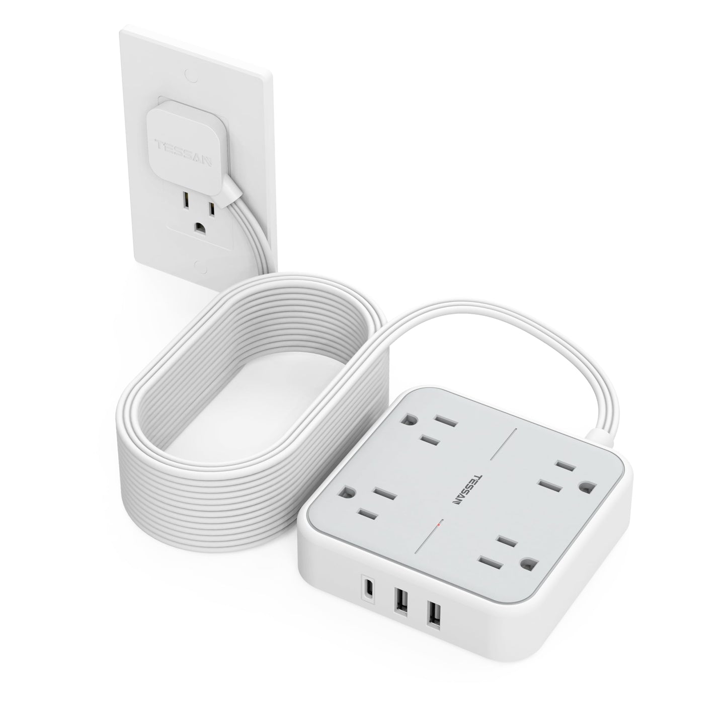 Surge Protector Flat Extension Cord 5Ft, TESSAN Flat Plug Power Strip with 4 Outlets 3 USB Ports (1 USB C), 900 Joules Protection, Multiple Wall Outlet Extender Suitable for Home Office Dorm, Grey