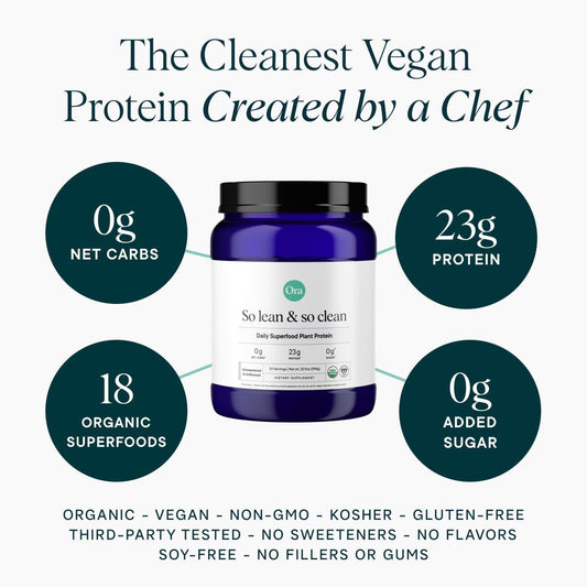 Ora Organic Vegan Protein Powder - 23g Plant Based Pea Protein + Superfood for Women and Men - Unsweetened & Unflavored - 20 Servings, No Erythritol, Keto-Friendly, Gluten-Free, Paleo, Soy-Free