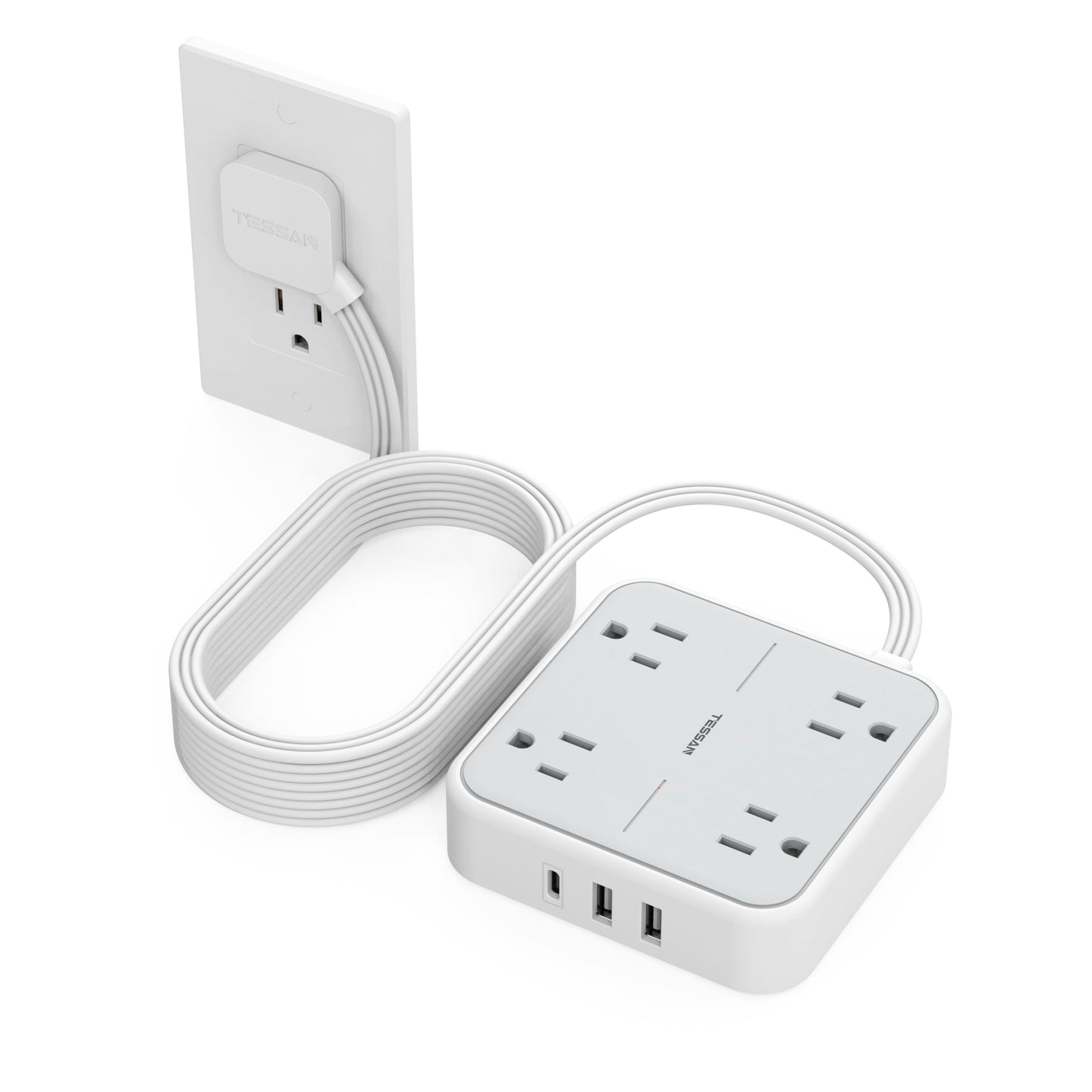 Surge Protector Flat Extension Cord 5Ft, TESSAN Flat Plug Power Strip with 4 Outlets 3 USB Ports (1 USB C), 900 Joules Protection, Multiple Wall Outlet Extender Suitable for Home Office Dorm, Grey