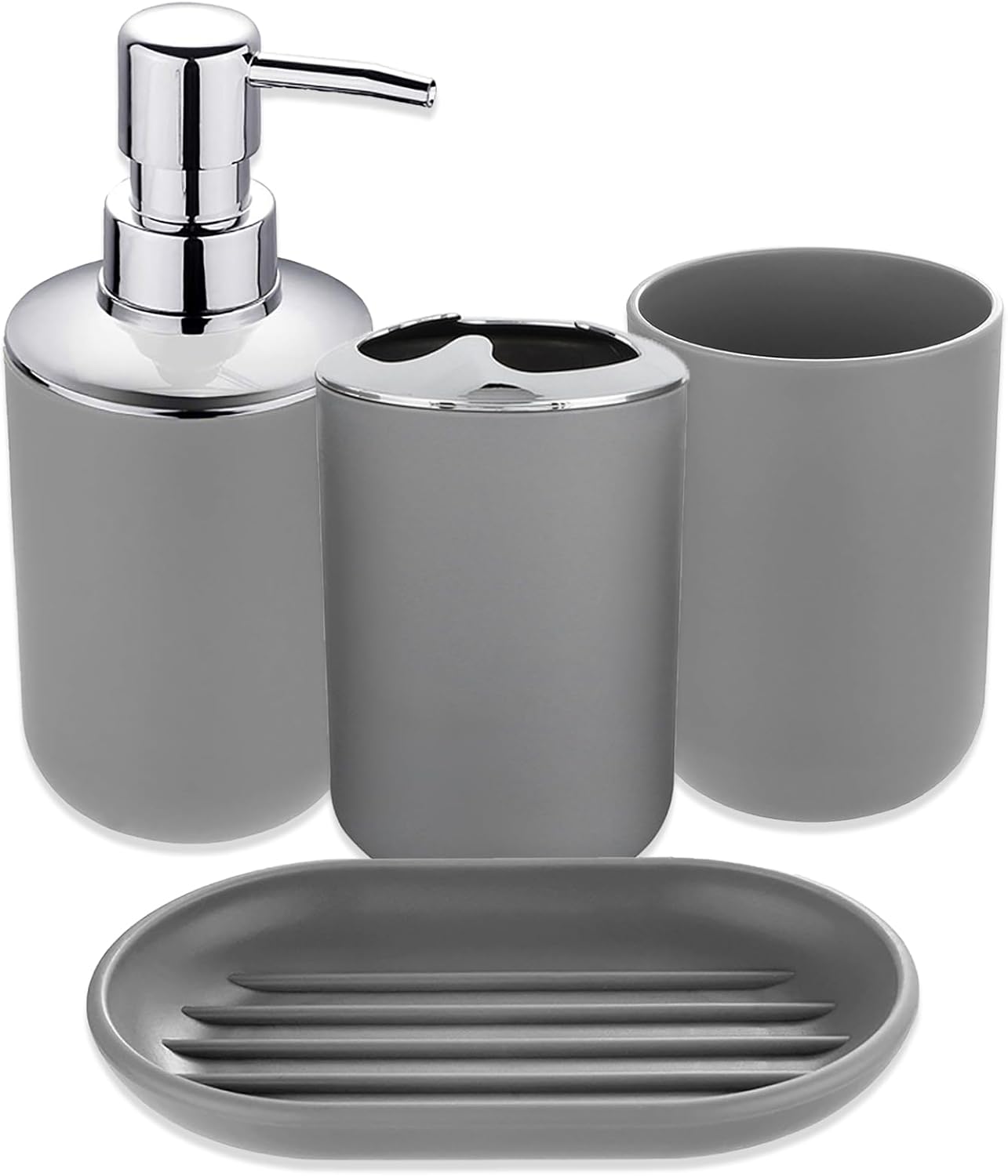 Bathroom Accessories Set 4 PCS, Grey Bathroom Accessories Includes Toothbrush Holder, Toothbrush Cup, Soap Dispenser & Dish, Soap and Toothbrush Holder Set for Bathroom Decor