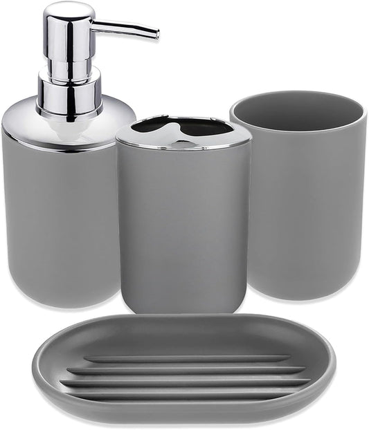 Bathroom Accessories Set 4 PCS, Grey Bathroom Accessories Includes Toothbrush Holder, Toothbrush Cup, Soap Dispenser & Dish, Soap and Toothbrush Holder Set for Bathroom Decor