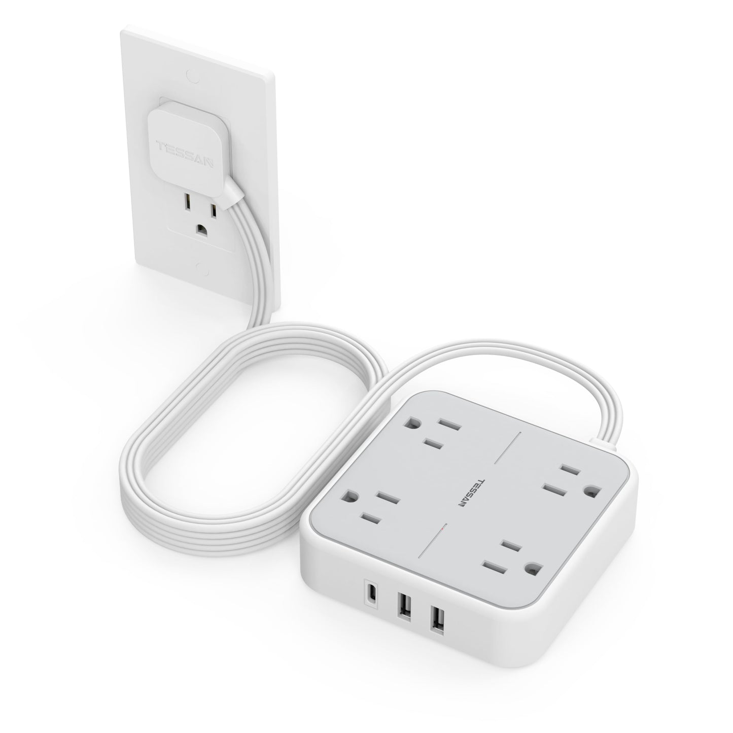 Surge Protector Flat Extension Cord 5Ft, TESSAN Flat Plug Power Strip with 4 Outlets 3 USB Ports (1 USB C), 900 Joules Protection, Multiple Wall Outlet Extender Suitable for Home Office Dorm, Grey