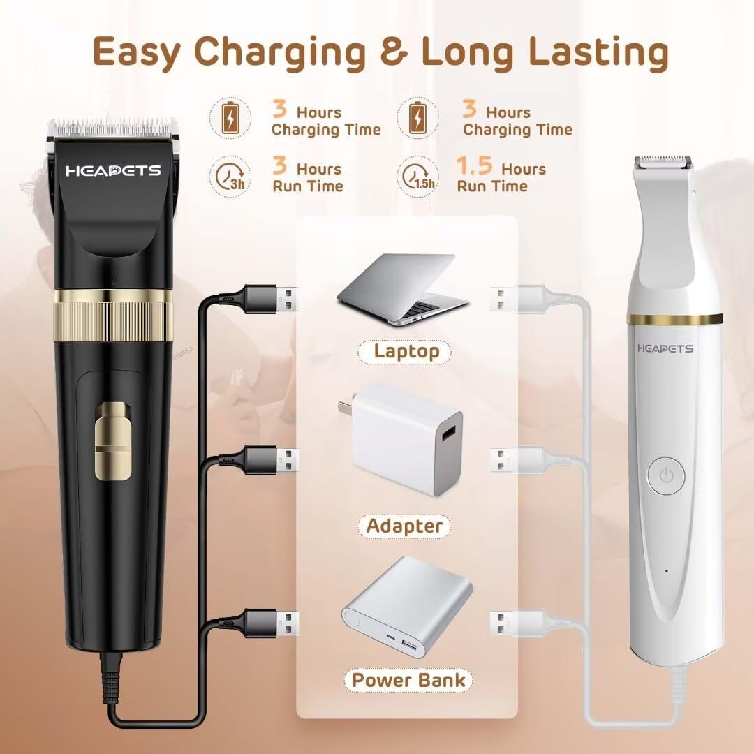 Dog Hair Clippers for Grooming Kit and Dog Paw Trimmer Nail Grinder for Grooming, Low Noise Rechargeable Cordless, Shaver Grooming Supplies for Pet Cats Dogs (Black, White)