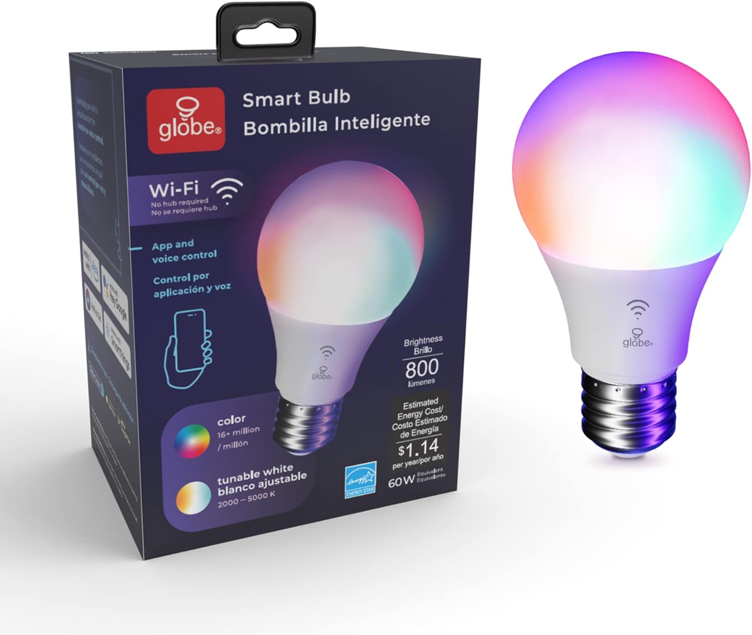 GLOBE Electric Wi-Fi Smart 10 Watt (60W Equivalent) Multicolor Changing RGB Tunable White Frosted LED Light Bulb, No Hub Required, Voice Activated, 2000K - 5000K, A19 Shape, E26 Base,34212