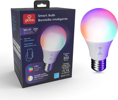 GLOBE Electric Wi-Fi Smart 10 Watt (60W Equivalent) Multicolor Changing RGB Tunable White Frosted LED Light Bulb, No Hub Required, Voice Activated, 2000K - 5000K, A19 Shape, E26 Base,34212