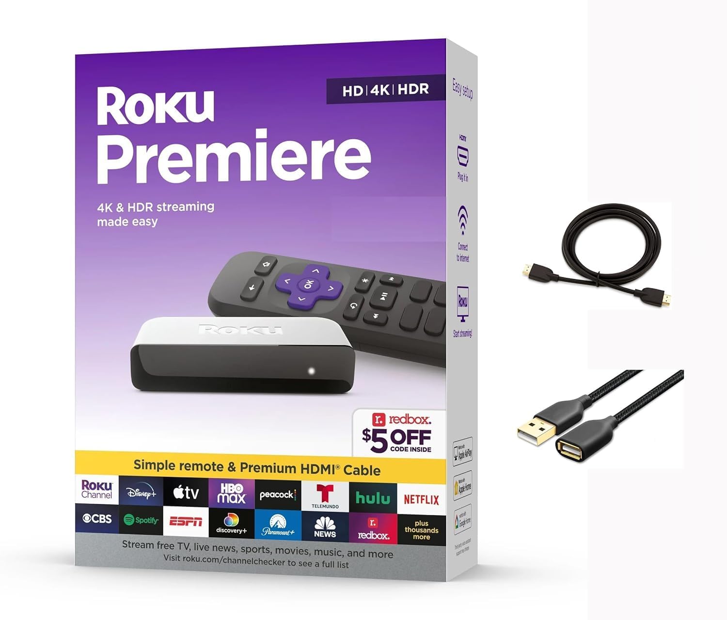 Roku 3920RW-SW Premiere - 4K/HDR Streaming Media Player, Enabled with Premium High Speed HDMI Cable & Simple Remote, Wi-Fi, with HDMI Cable and USB Extension Cord
