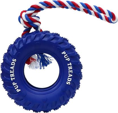 Deeow Dog Tire Toy 6 inch - Treat Dispensing Chew Toy for Aggressive Chewers, Natural Rubber Durable Chew Bone for Medium Large Dogs, Mental Stimulation Puzzle Feeder Interactive Pet Toy-Blue