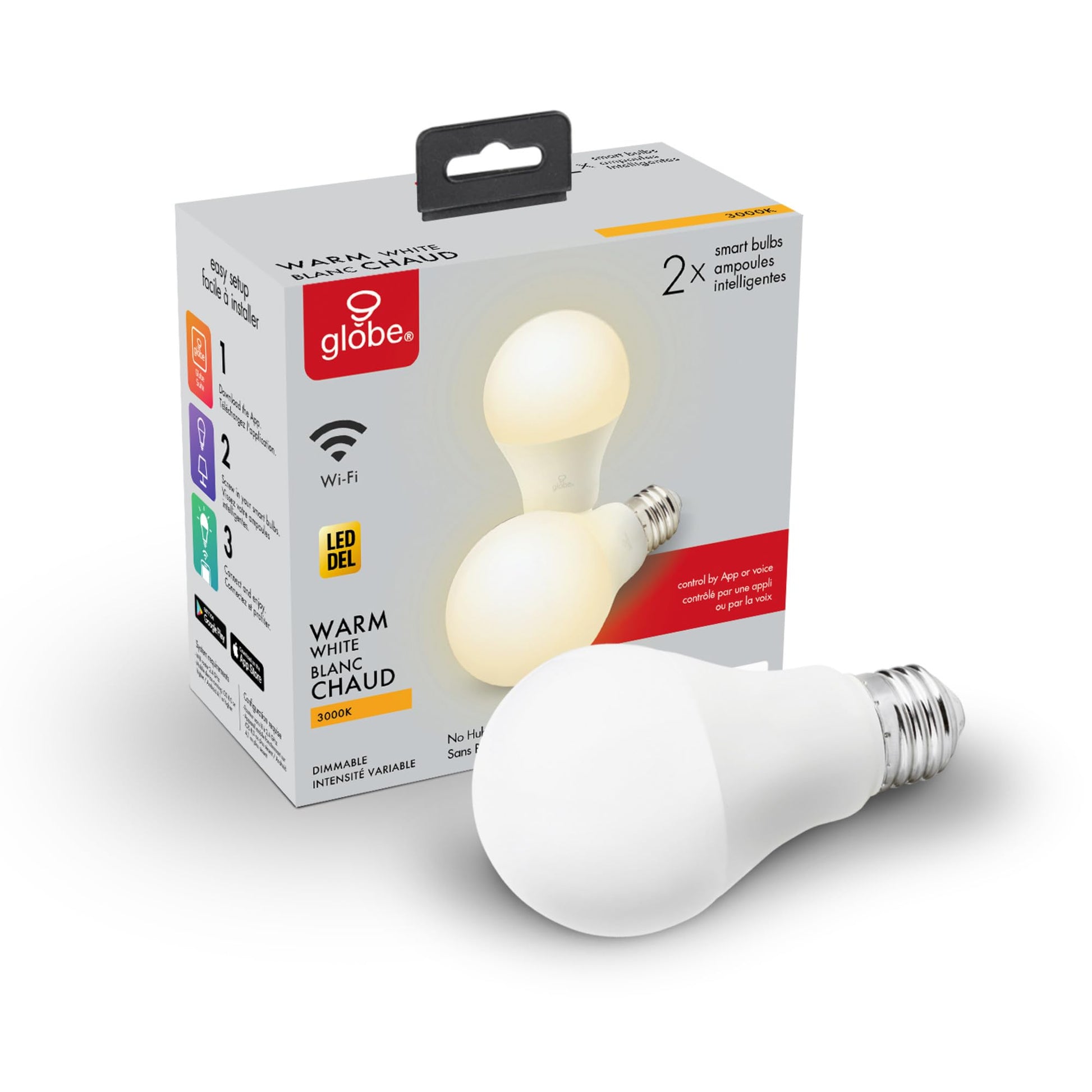 GLOBE Electric Wi-Fi Smart 10 Watt (60W Equivalent) Multicolor Changing RGB Tunable White Frosted LED Light Bulb, No Hub Required, Voice Activated, 2000K - 5000K, A19 Shape, E26 Base,34212