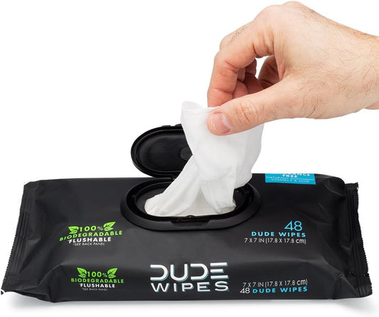 DUDE Wipes Flushable Wipes, Unscented with Vitamin-E & Aloe, 100% Biodegradable, Dispenser (12 Packs, 576 Total Count)