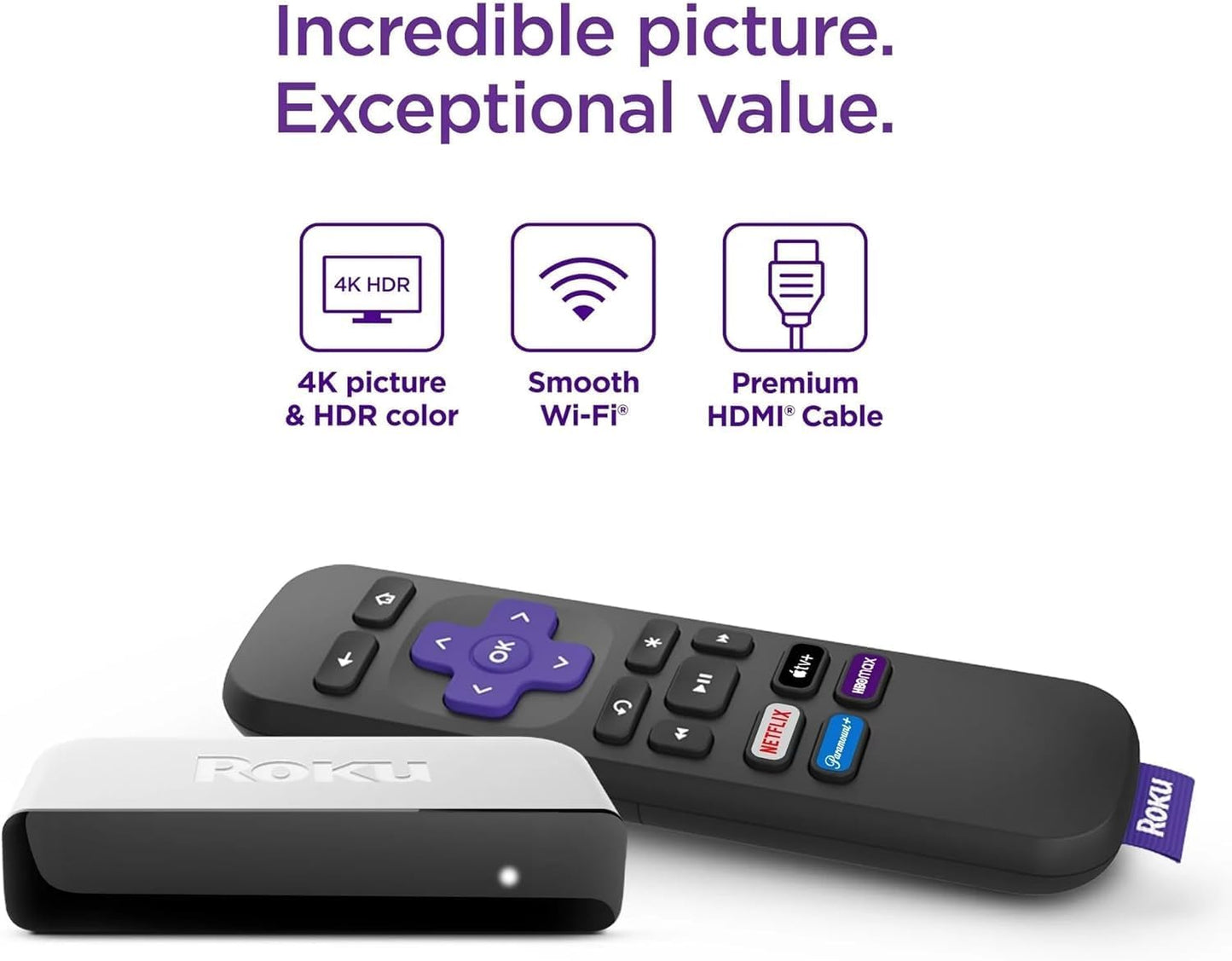 Roku 3920RW-SW Premiere - 4K/HDR Streaming Media Player, Enabled with Premium High Speed HDMI Cable & Simple Remote, Wi-Fi, with HDMI Cable and USB Extension Cord