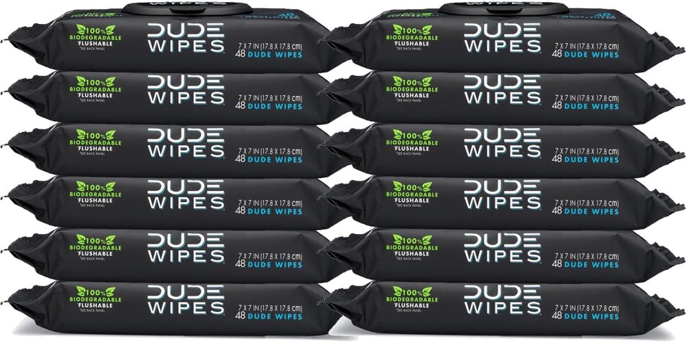 DUDE Wipes Flushable Wipes, Unscented with Vitamin-E & Aloe, 100% Biodegradable, Dispenser (12 Packs, 576 Total Count)