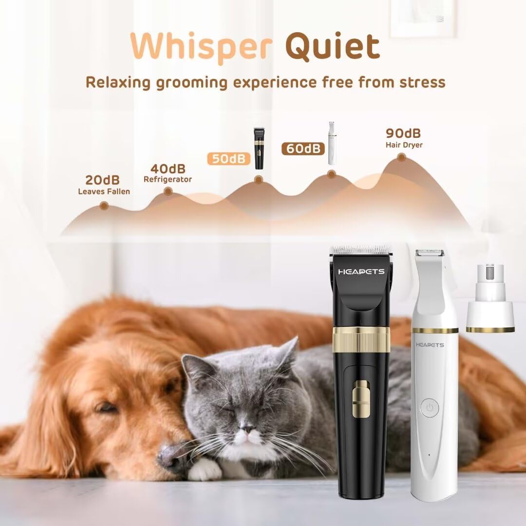 Dog Hair Clippers for Grooming Kit and Dog Paw Trimmer Nail Grinder for Grooming, Low Noise Rechargeable Cordless, Shaver Grooming Supplies for Pet Cats Dogs (Black, White)