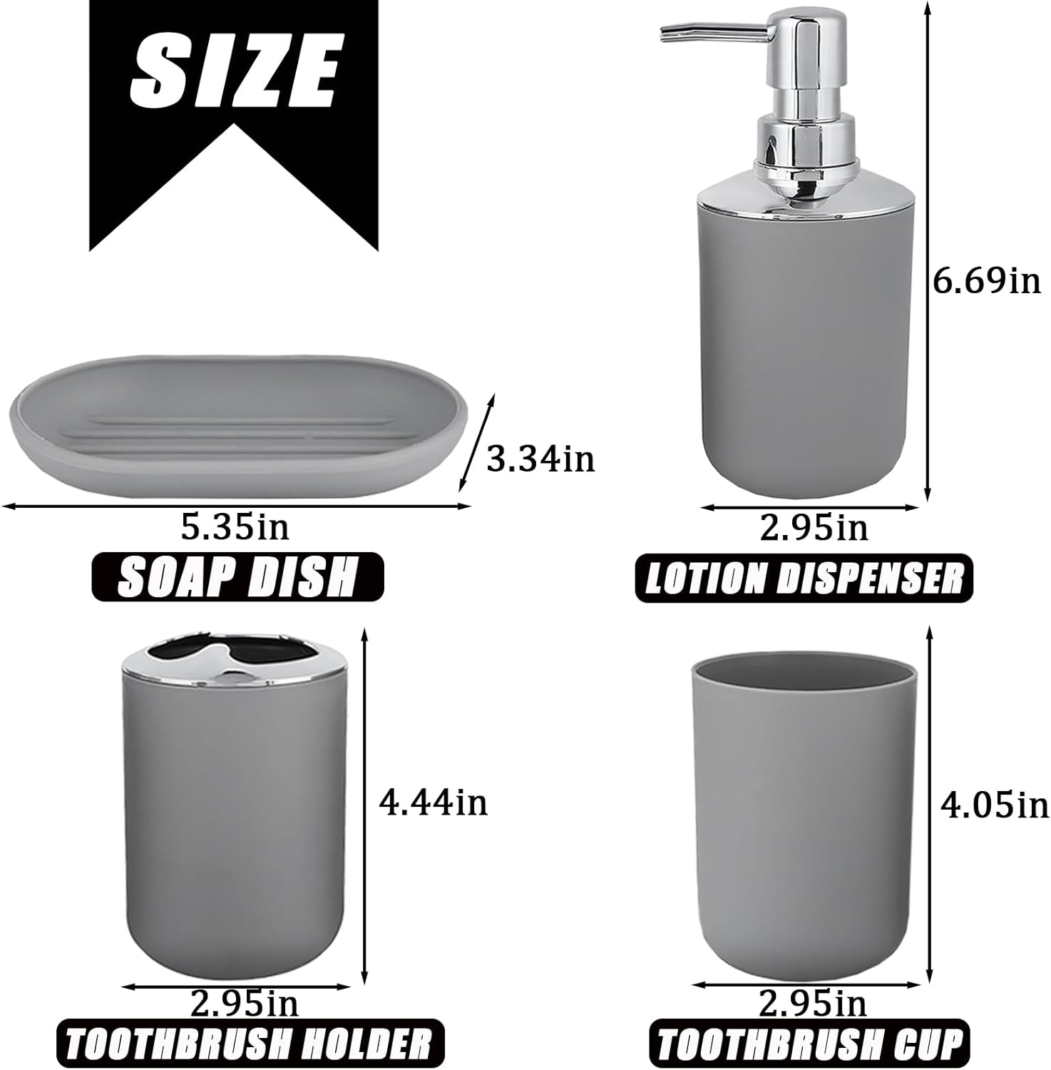 Bathroom Accessories Set 4 PCS, Grey Bathroom Accessories Includes Toothbrush Holder, Toothbrush Cup, Soap Dispenser & Dish, Soap and Toothbrush Holder Set for Bathroom Decor