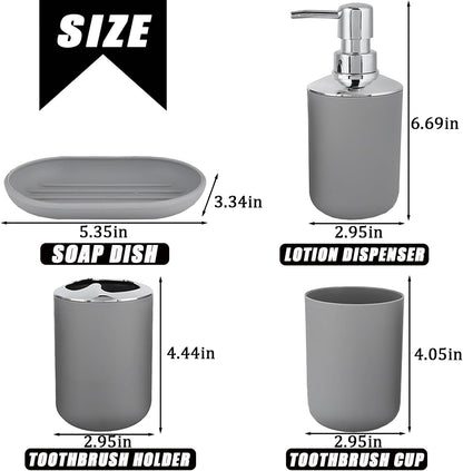 Bathroom Accessories Set 4 PCS, Grey Bathroom Accessories Includes Toothbrush Holder, Toothbrush Cup, Soap Dispenser & Dish, Soap and Toothbrush Holder Set for Bathroom Decor