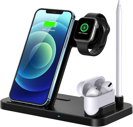 Wireless Charger, 4 in 1 Fast Wireless Charging Station Compatible with Apple Watch Airpods Pro iPhone 12/12 Pro/11/11 Pro/8/X, Wireless Charging Stand Compatible with Samsung