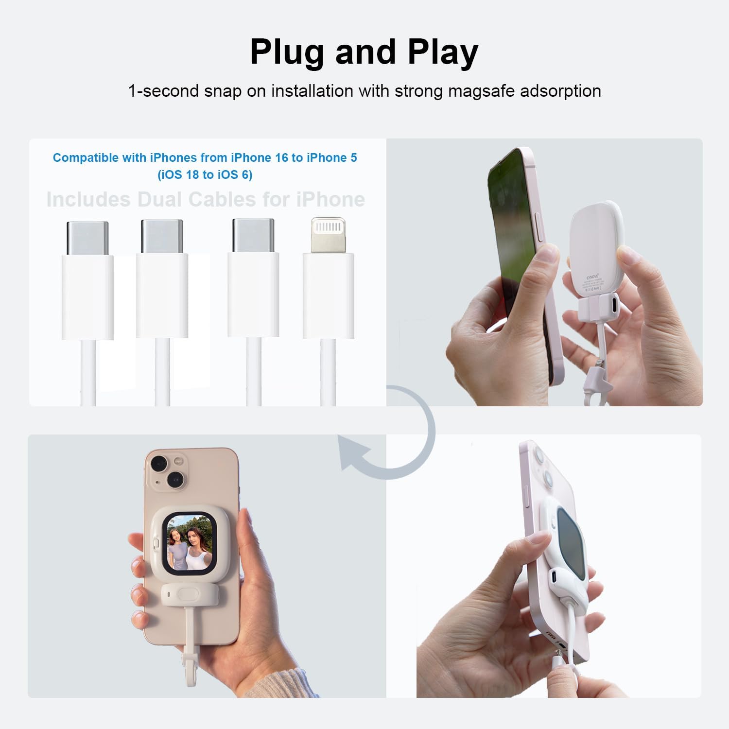 Vlogmate Mini Vlog Selfie Monitor Screen for iPhone, Wired Back Camera Monitor with Magnetic AMOLED Screen, Bluetooth Remote, Dual Cable Include for iPhone 16/15/14/13/12/11/SE/XR/XS/X/8/7/6/5