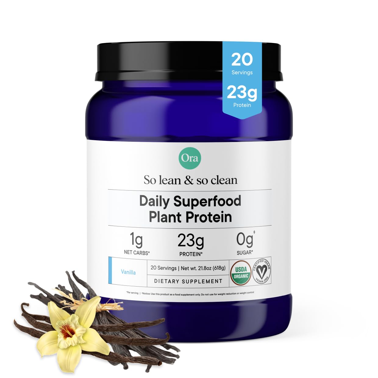 Ora Organic Vegan Protein Powder - 23g Plant Based Pea Protein + Superfood for Women and Men - Unsweetened & Unflavored - 20 Servings, No Erythritol, Keto-Friendly, Gluten-Free, Paleo, Soy-Free