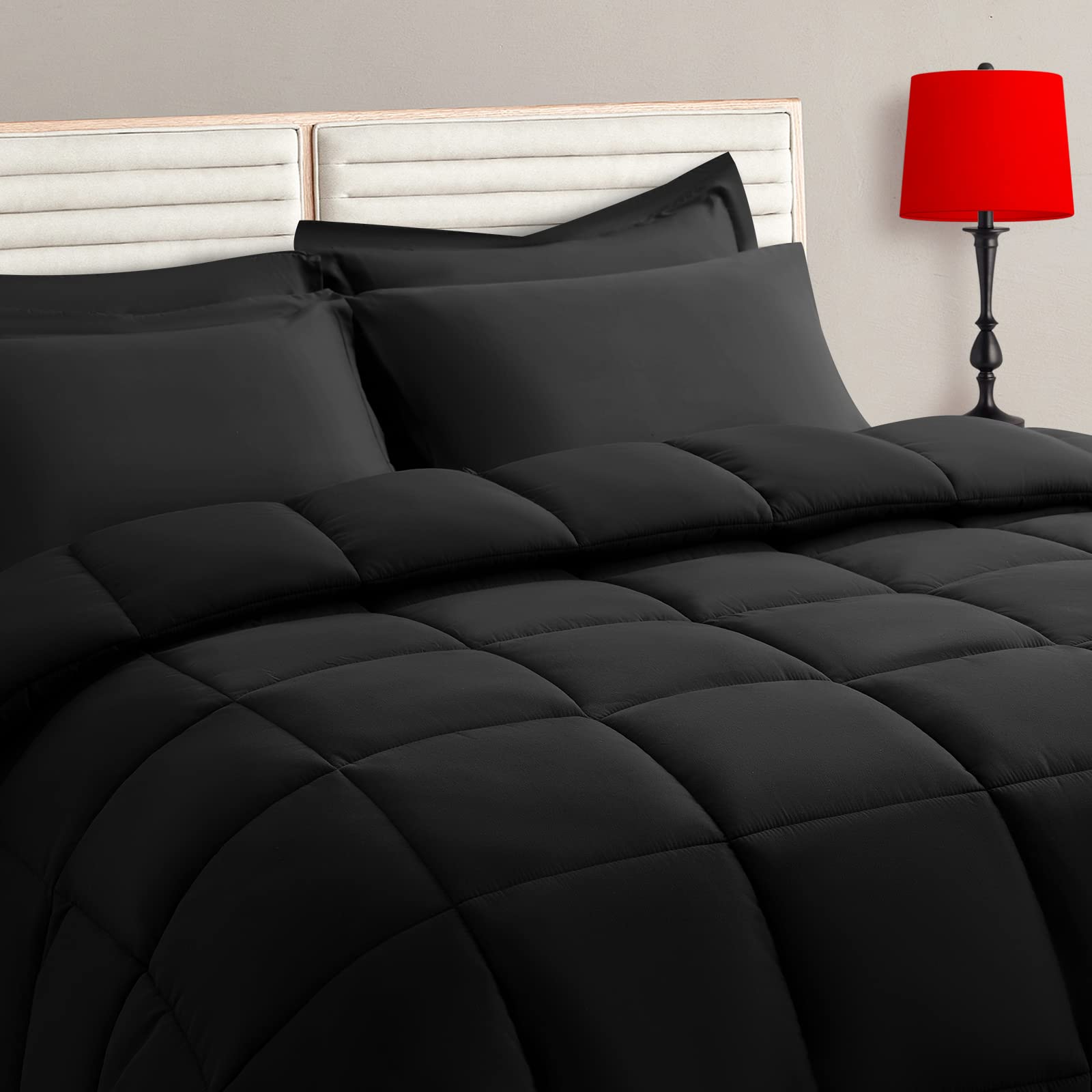 TAIMIT Full Size Comforter Set - 7 Pieces, Bed in a Bag Bedding Sets with All Season Soft Quilted Warm Fluffy Reversible Comforter,Flat Sheet,Fitted Sheet,2 Pillow Shams,2 Pillowcases,Dark Grey