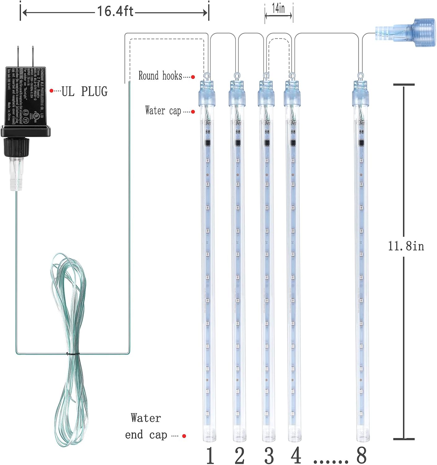 Kwaiffeo Christmas Lights Outdoor, 8 Tubes Meteor Shower Lights LED Snow Falling Icicle Cascading Light for Xmas Tree Wedding Decoration Party, UL Plug, White
