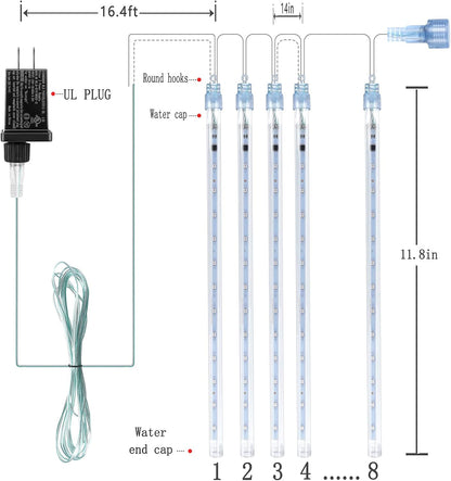 Kwaiffeo Christmas Lights Outdoor, 8 Tubes Meteor Shower Lights LED Snow Falling Icicle Cascading Light for Xmas Tree Wedding Decoration Party, UL Plug, White