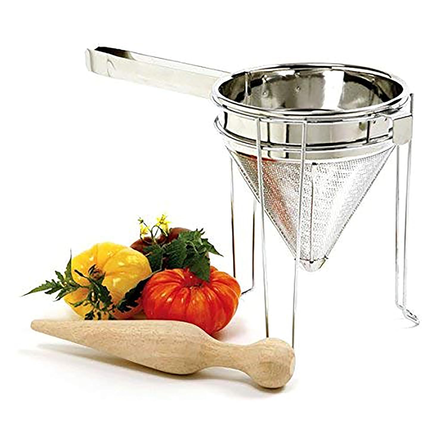 Norpro 642 Stainless Steel Chinois with Stand and Pestle Set, Bouillon Strainer, Jelly Strainer, China Cap