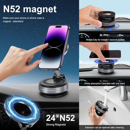 Vacuum Magnetic Suction Phone Holder, Foldable and Retractable Hands-Free Suction Cup Phone Mount for Car/Gym/Mirror/Smooth Surface, Compatible with iPhone Android and All Smartphones (Black)