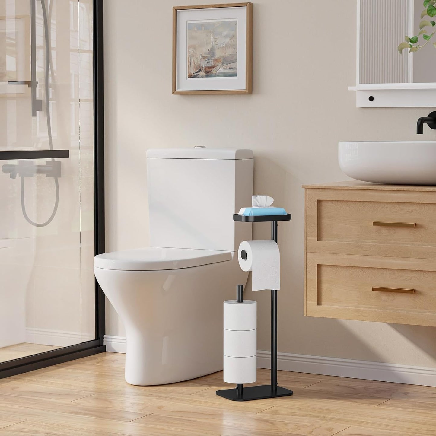 Kitsure Toilet Paper Holder Free Standing – Rustproof Metal Toilet Paper Stand for 4 Rolls with Anti-Slip Base and Shelf for Phone & Small Items, Bathroom Organizers and Storage, Black