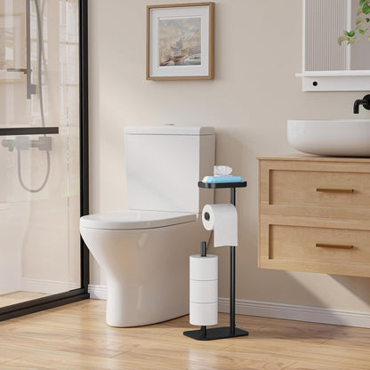 Kitsure Toilet Paper Holder Free Standing – Rustproof Metal Toilet Paper Stand for 4 Rolls with Anti-Slip Base and Shelf for Phone & Small Items, Bathroom Organizers and Storage, Black