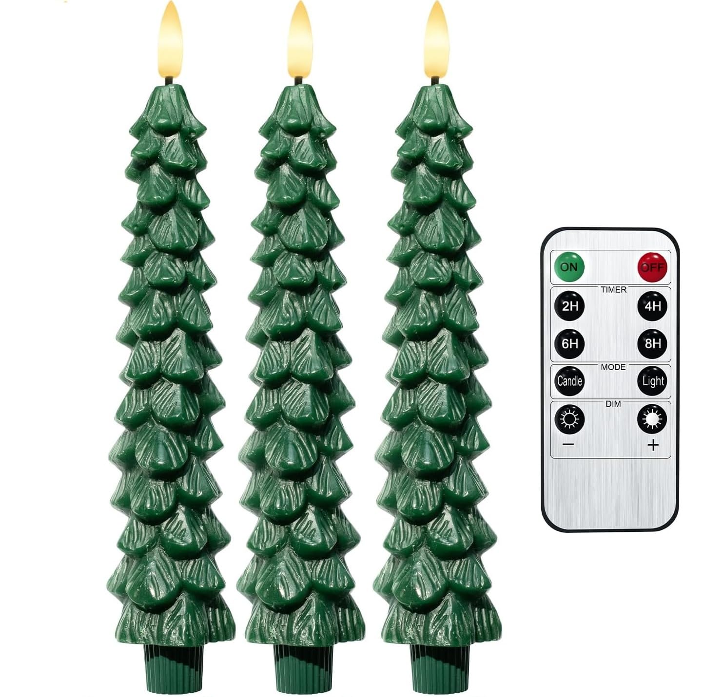 4PCS Christmas Tree Candles, 9.7 Inch Flameless Taper Candles with Remote and Timer, LED Battery Operated Taper Candlesticks with 3D Flickering for Christmas Home Decoration.