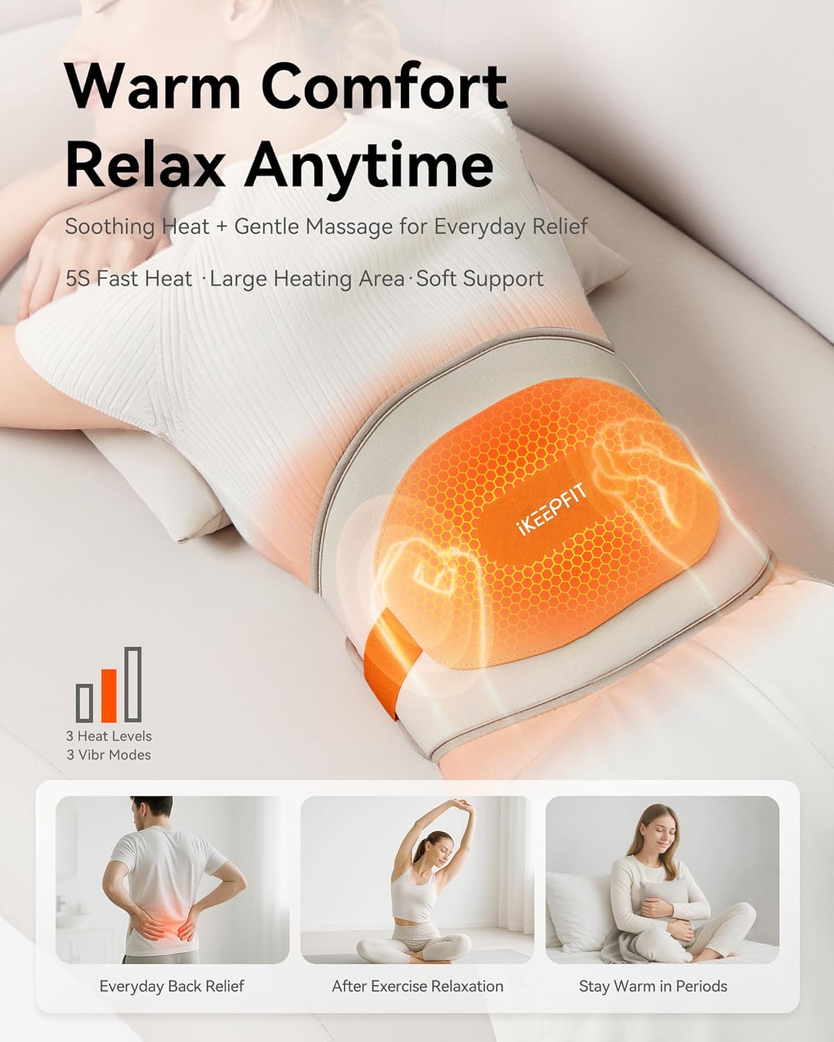 IKEEPFIT® Heating Pad for Back Pain Relief: MAXwarm® 3.0, Portable Cordless Heat Pad with Massager for Period Cramps, 8000mAh Large Battery, FSA Eligible HSA, Christmas Gift for Women Men 90-310 lbs