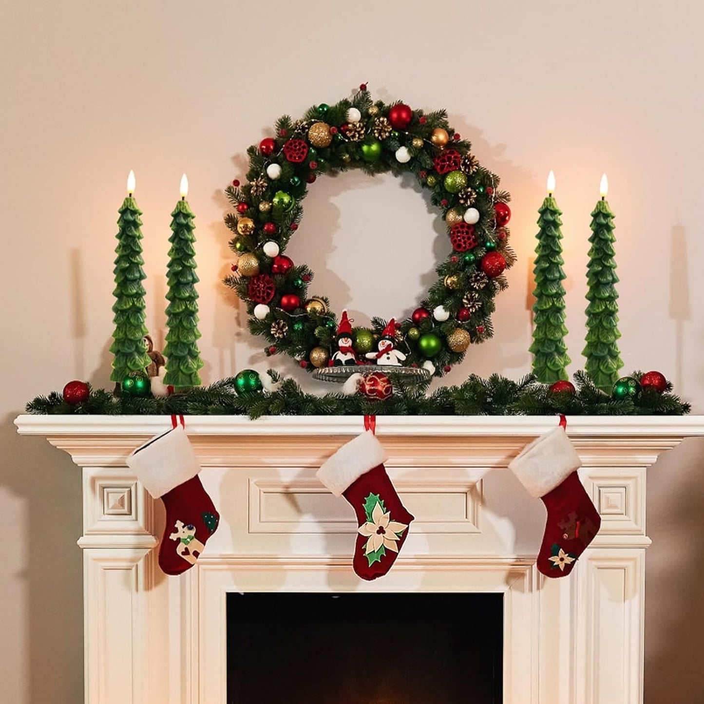 4PCS Christmas Tree Candles, 9.7 Inch Flameless Taper Candles with Remote and Timer, LED Battery Operated Taper Candlesticks with 3D Flickering for Christmas Home Decoration.