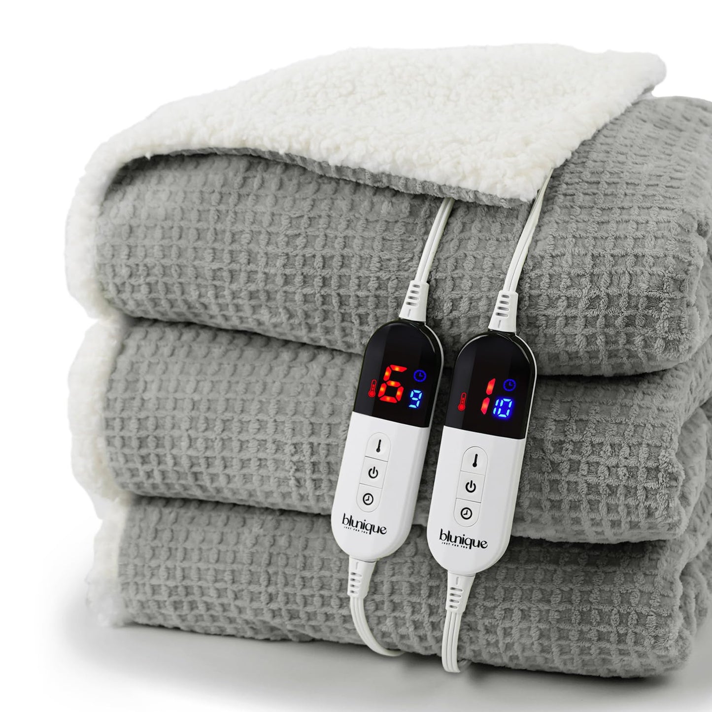 Heated Blanket Electric Throw Waffle, 50x60 Inches Sherpa Fleece Fast Heating Blanket 6 Heating Levels & 4 Hours Auto Off ETL Certification, Grey Throw