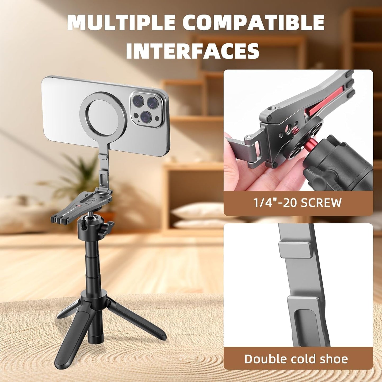 Magnetic Pocket Phone Tripod with Hook Compatible with Magsafe for iPhone 16/15/14/13/12 Pro Max Series,Foldable Mini Magnet Cell Phone Tripod Mount Handle Smartphone Desk Stand Travel Phone Holder