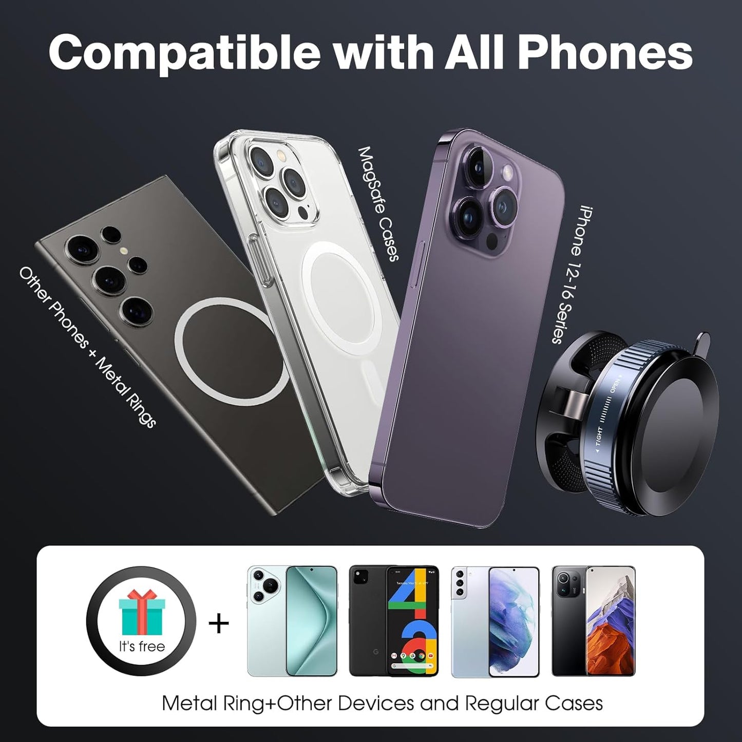 Vacuum Magnetic Suction Phone Holder, Foldable and Retractable Hands-Free Suction Cup Phone Mount for Car/Gym/Mirror/Smooth Surface, Compatible with iPhone Android and All Smartphones (Black)