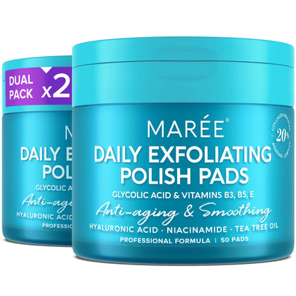 MAREE Glycolic Acid Pads - Toner Pads for Face Cleansing - Exfoliating Pad with Tea Tree Oil, Salicylic Acid & Vitamins E, B3, B5 - Acne Clearing, Skin Pore Resurfacing & Radiance Device - 50 Count
