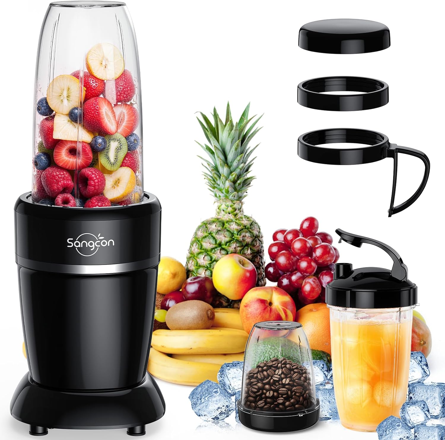 Sangcon 1000W Smoothie Blender for Kitchen, Blenders for Smoothies with (3) Cups (2) Spout Covers (1) Storage Cap (1) To-Go Cap, Portable Blender for Shakes, Ice Crushing, Frozen Drinks, Spices