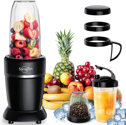 Sangcon 1000W Smoothie Blender for Kitchen, Blenders for Smoothies with (3) Cups (2) Spout Covers (1) Storage Cap (1) To-Go Cap, Portable Blender for Shakes, Ice Crushing, Frozen Drinks, Spices
