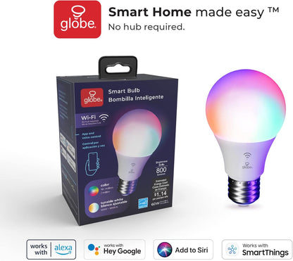 GLOBE Electric Wi-Fi Smart 10 Watt (60W Equivalent) Multicolor Changing RGB Tunable White Frosted LED Light Bulb, No Hub Required, Voice Activated, 2000K - 5000K, A19 Shape, E26 Base,34212