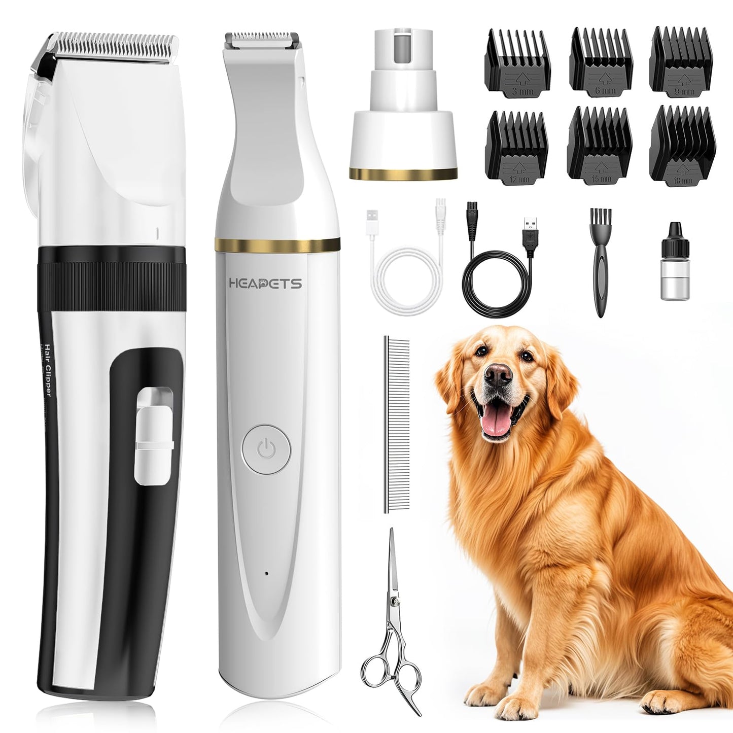 Dog Hair Clippers for Grooming Kit and Dog Paw Trimmer Nail Grinder for Grooming, Low Noise Rechargeable Cordless, Shaver Grooming Supplies for Pet Cats Dogs (Black, White)