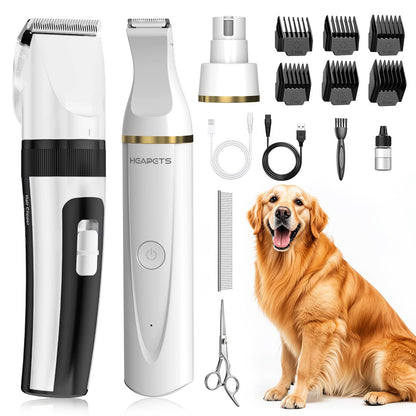 Dog Hair Clippers for Grooming Kit and Dog Paw Trimmer Nail Grinder for Grooming, Low Noise Rechargeable Cordless, Shaver Grooming Supplies for Pet Cats Dogs (Black, White)