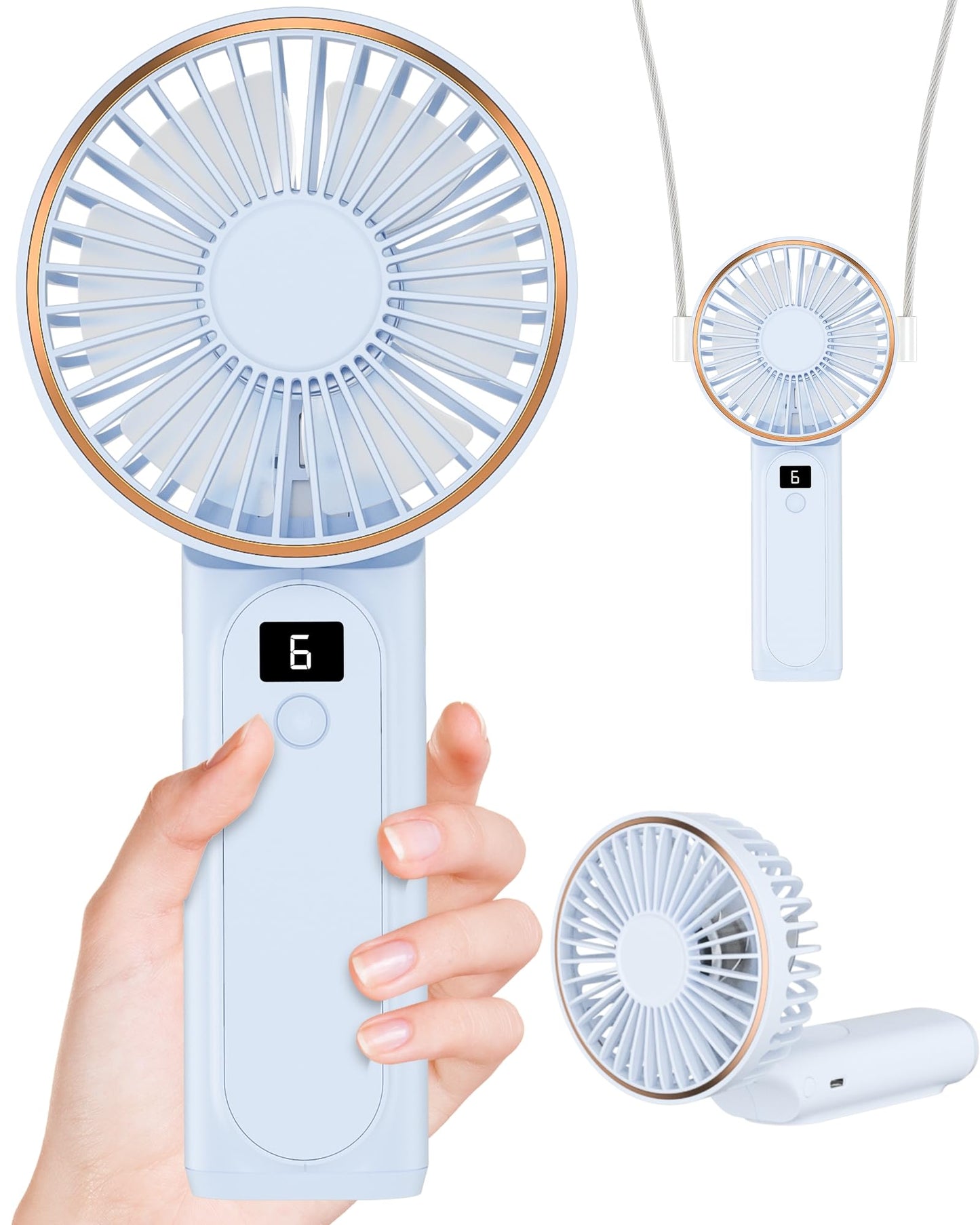 Handheld Fan, Portable Fan, 4000mAh Rechargeable Personal Fan, 180° Foldable Mini Desk Fan with 6 Wind Speed, LCD Digital Display, Lanyard as Neck Fan, Ultra Quiet, Pocket Size for Indoor Outdoor