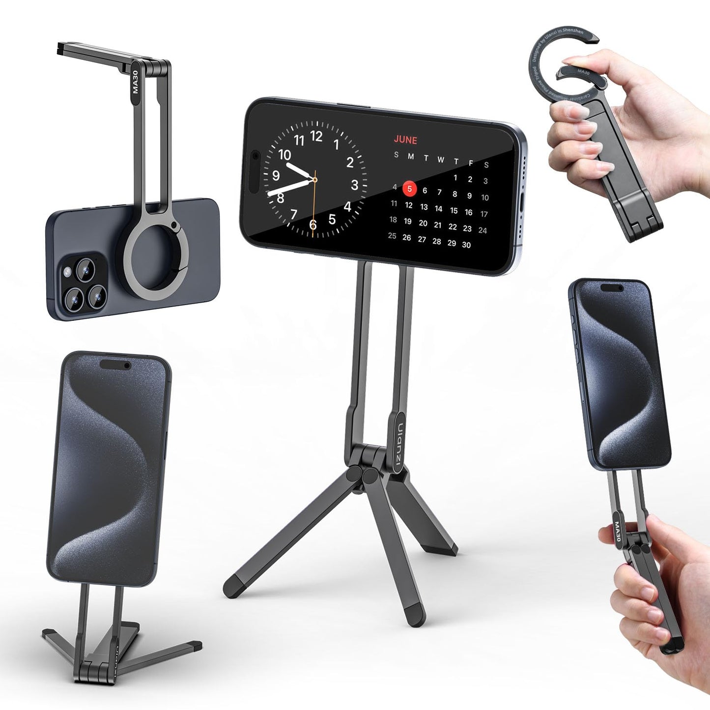 ULANZI MA30 Magnetic Phone Tripod Stand for iPhone - Aluminium Maglock Smartphone Mini Tripod Pocket Cell Phone Stand Strong Magnet Quick Mount Compatible with iPhone 16 15 14 13 12 Series, Black