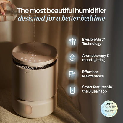 BLUEAIR Room Humidifier - DreamWell - 48Hr Top-Fill Mist-Free InvisibleMist Technology Aroma Stone for Essential Oils and Soothing Mood Lighting - Quiet Operation for Bedroom and Home Use, Beige